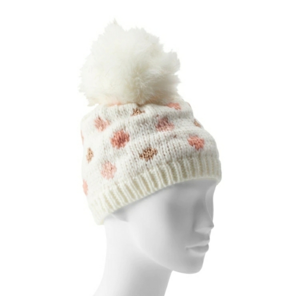 Lauren Conrad LC Polka Dot Lined Cream Gold Pink Blush Beanie Winter Hat NWT